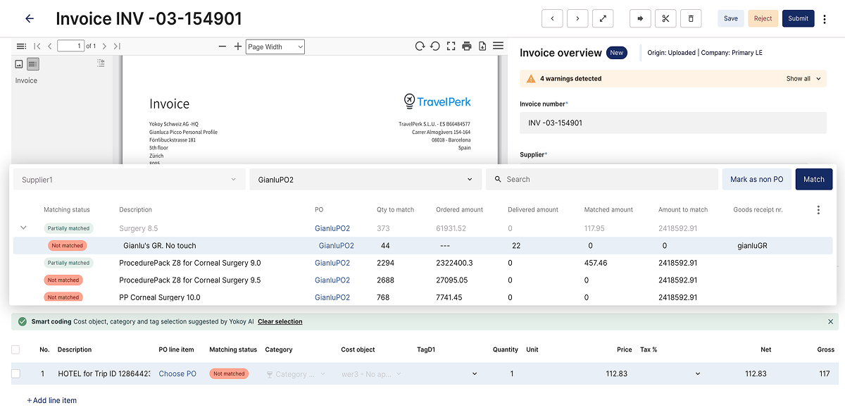 Invoice INV-03-154901: invoice preview, overview sidebar with warnings, PO matching table with line items and matching status, smart coding suggestion, editable line items table